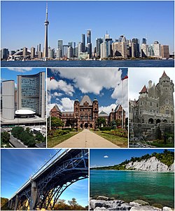 Dari kiri atas: Pusat kota Toronto menunjukkan Gedung CN dan Distrik Keuangan dari Pulau Toronto, Balai kota, Gedung Legislatif Ontario, Casa Loma, Prince Edward Viaduct, dan Scarborough Bluffs