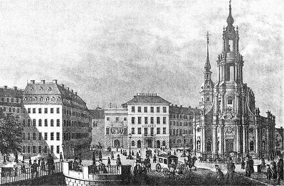 Historische Ansicht von Dresden mit der Hofkirche am Schlossplatz. Stahlstich. Etwa 1850.