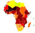 Bản đồ châu Phi thể hiện Chỉ số Phát triển Con người (2004). Tất cả 22 quốc gia đều xếp hạng dưới 0.5 trong báo cáo năm 2005 đều là các nước châu Phi Hạ Sahara. Chỉ số cao nhất thuộc về Gabon ở mức 0.677.