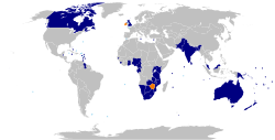The Commonwealth of Nations (blue = present members, orange = former members, green = suspended members)