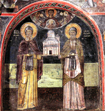 Fundatorzy monastyru – św. Atanazy z Meteorów i św. Joasaf – trzymający katolikon w swoich rękach
