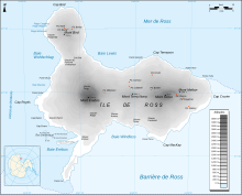 Carte de l'île de Ross montrant ses principales caractéristiques topogrpahiques.