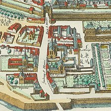 Détail du plan de Paris par Mérian (1615) montrant le faubourg au delà de la seconde porte Saint-Honoré. (1615年のサントノレ門（ルイ13世の城壁 (fr)[† 10]時代）と門外のフォーブール＝サントノレ)