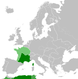 Vùng do Chính phủ Vichy kiểm soát (xanh đậm) trên bản đồ.