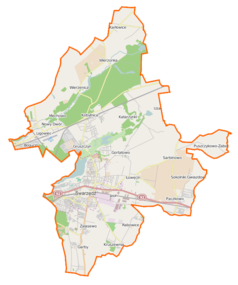 Mapa konturowa gminy Swarzędz, na dole po prawej znajduje się punkt z opisem „Paczkowo”