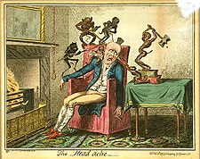 George Cruikshank: Bolest hlavy (karikatura, 1819)