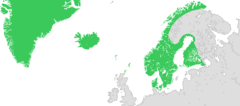 Kalmarunionen 1397. (Den nordiska bosättningen på Grönland bestod vid denna tid endast av några bosättningar vid sydspetsen.)