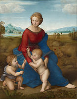 The Madonna of the Meadow, c. 1506, using Leonardo's pyramidal composition for subjects of the Holy Family.[34]