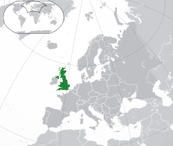 Location o the  Unitit Kinrick  (dark green) on the European continent  (dark gray)