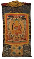 Butanska drukpa Kagyu applique budistična rodbinska tangka z Budo Šakjamuni v središču, 19. stoletje, Rubin Museum of Art