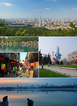 Paikot kanan mula itaas: Panoramang urbano ng Jinan, Quancheng Square, Lawa ng Daming, Kalye Furong, at Five Dragon Pool