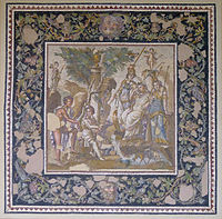 《帕里斯的評判》，以大理石、石灰石和玻璃作為鑲嵌細石的古羅馬鑲嵌畫，公元115–150年； 來自奧龍特斯河畔安條克的中庭式建築（Atrium House）的臥躺餐廳