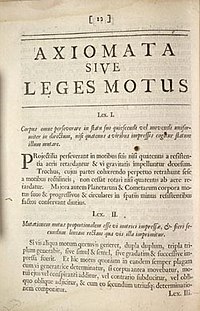 牛頓本鉅著《自然哲學嘅數學原理》其中一頁；佢上面有用拉丁文寫嘅第一同埋第二定律原版（1687 年出版）