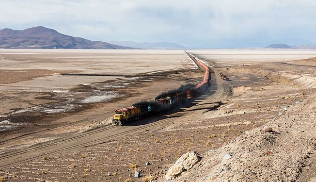 Train crossing the Carcote salt flat, Chile.