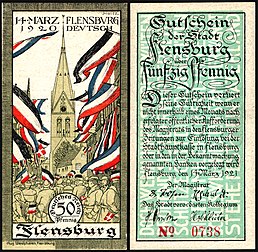 Nota de 50 Pfennig Notgeld de Flensburg (1921). A nota descreve o plebiscito em 14 de março de 1920, no qual foi decidido que Flensburg continuaria a fazer parte da Alemanha, assinado "JHoltz" (definição 2 721 × 2 654)