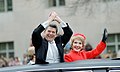 The Reagans waving from the limousine during the Inaugural Parade. Washington, DC, 1981.