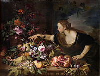 Woman Grasping Fruits 1716. oil on canvas medium QS:P186,Q296955;P186,Q12321255,P518,Q861259 . 128 × 149 cm (50.3 × 58.6 in). Louvre Museum, Paris