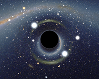 Симулативно изображение на черна дупка пред Големия Магеланов облак: ефектът на гравитационната леща създава два уголемени и силно изкривени образа на Облака, а отгоре дискът на Млечния път изглежда деформиран в дъга