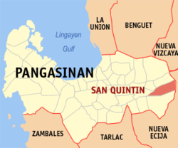 Mapa ng Pangasinan na nagpapakita sa lokasyon ng San Quintin.