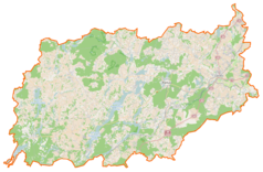 Mapa konturowa powiatu kartuskiego, u góry po prawej znajduje się punkt z opisem „Miszewko”