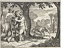 gravure hollandaise représentant Bacchus, Ampélos et le taureau dans un paysage campagnard. La vigne naît d'Ampélos.