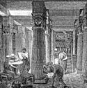 Penggambaran Perpustakaan Aleksandria karya seniman Jerman O. Von Corven dari abad ke-19. Gambar ini didasarkan pada bukti arkeologi yang tersedia pada masa tersebut.