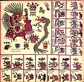 Page 12 of the Codex Borbonicus, (in the big square): Tezcatlipoca (night and fate) and Quetzalcoatl (feathered serpent); before 1500; bast fiber paper; height: 38 cm (15 in), length of the full manuscript: 142 cm (56 in); Bibliothèque de l'Assemblée nationale (Paris)