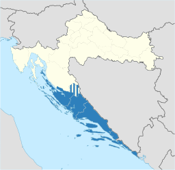 Mörkblått: Dalmatien Blårandigt: Områden som ibland räknas till Dalmatien.