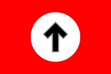 Tiwaz-Rune auf einer Flagge (Variante) der Freiheitlichen Deutschen Arbeiterpartei, die von 1979 – 1994 bestand