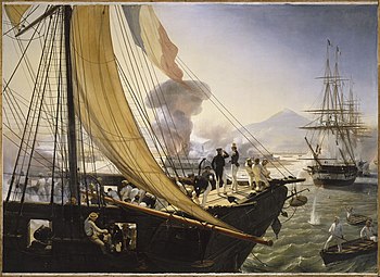 Explosion eines Turms der Festung San Juan de Ulúa von einer französischen Korvette aus gesehen; Gemälde von Horace Emil Jean Vernet