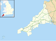 Mapa konturowa Kornwalii, blisko centrum na dole znajduje się punkt z opisem „Tresillian”