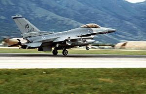 Винищувач-бомбардувальник F-16 ВПС США приземляється на італійській авіабазі Авіано після місії з підтримки повітряних ударів НАТО проти Республіки Сербської