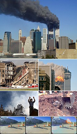 Zleva a seshora - hořící Světové obchodní centrum (WTC), sesutá část Pentagonu, letadlo letu 175 naráží do WTC, záchranné práce na Ground zero, objevené zbytky letadla letu 93, letadlo letu 77 naráží do Pentagonu