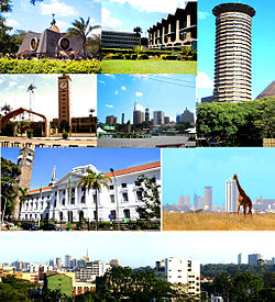 Theo chiều kim đồng hồ: Nyayo Monument, Đại học Nairobi, Trung tâm hội nghị quốc tế Kenyatta, Vườn quốc gia Nairobi với nền là thành phố, Panorama, Tòa thị chính Nairobi, Quốc hội Kenya và Quảng trường thành phố Nairobi.