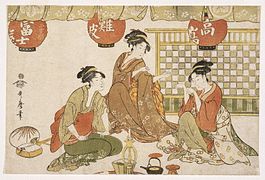 Tres señoras sentadas con linternas, tetera, candelabro e instrumento de cuerda (siglo XVIII), de Kitagawa Utamaro, Brooklyn Museum of Art, Nueva York
