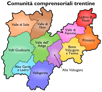 Felosztás 2010 előtt: Trento megye 11 körzete (comunitá comprensoriali)