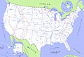 Kart over nedbørsbassenger og elver i USA. Grensene mellom nedbørsbassenger, de såkalte «continental divides», er markert med rød strek.
