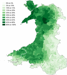 Процент владеющих валлийским языком в разных графствах Уэльса