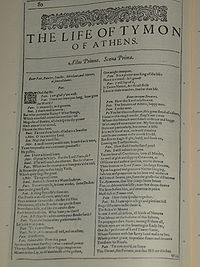 Faksimil av första sidan i The Life of Tymon of Athens från First Folio, publicerad 1623