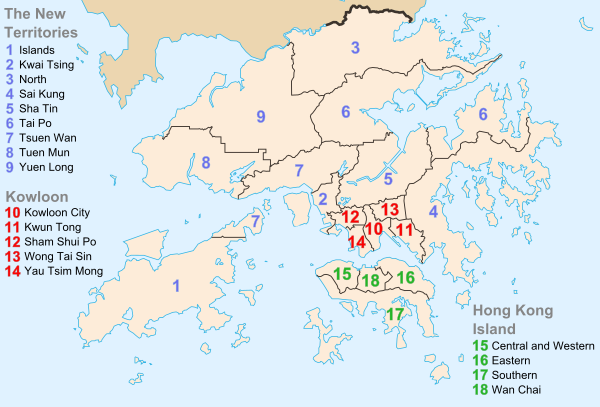 Wilayah utama Hong Kong terdiri dari semenanjung yang berbatasan dengan provinsi Guangdong di utara, pulau di tenggara semenanjung, dan pulau kecil di selatan. Daerah-daerah ini dikelilingi oleh banyak pulau yang jauh lebih kecil.