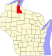 Harta statului Wisconsin indicând comitatul Ashland