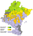 Navarra spanyol autonóm közösség járásai: baszk (zöld), kevert (sárga) és spanyol nyelvű (lila) zónák