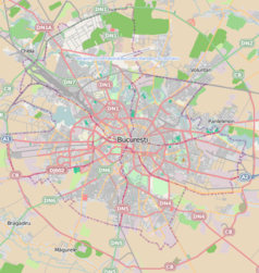 Mapa konturowa Bukaresztu, w centrum znajduje się punkt z opisem „katedra Patriarchalna”
