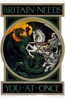 Affiche de recrutement britannique de la Première Guerre mondiale représentant saint Georges terrassant le dragon. (définition réelle 2 534 × 3 852)