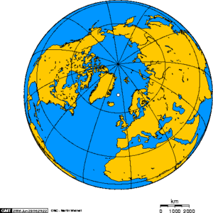 Ортографічна проєкція Земної кулі з центром на острові Ян-Маєн (позначений світлим колом)