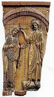 Парче резбана слонова коска од музејот Пушкин што го претставува Христос кој го благословува императорот Константин VII . Средината на 10 век од нашата ера