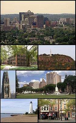 Clockwise from top: Downtown, East Rock Park, summer festivities on the New Haven Green, shops along Upper State Street, Five Mile Point Lighthouse, Harkness Tower, and Connecticut Hall at Yale University
