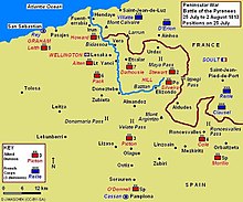 Map shows the positions of Anglo-Allied and French units in the Battle of the Pyrenees on 25 July 1813.