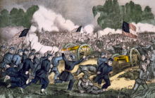 Pertempuran Gettysburg, Pennsylvania. Perang Saudara telah memicu berkembangnya industri baja dan pembangunan jalur kereta api antar-negara bagian.