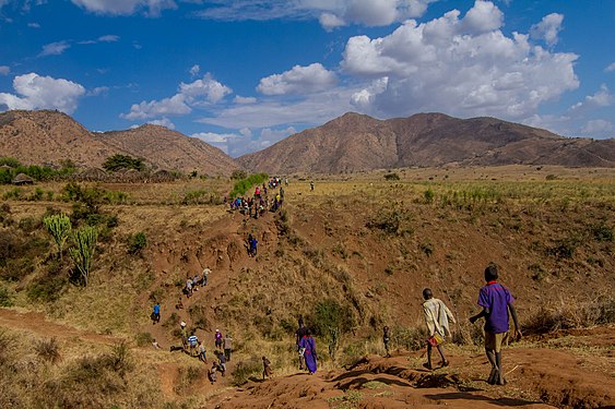 Children on a foot path heading to one of the villages in Kidepo Valley National Park Photograph: Jim Joel